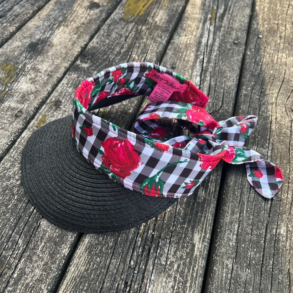 Betsey‎ Johnson Visor Womens OS Black Floral Gingham Rose Straw Tie Back